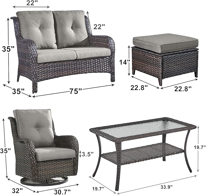 Outdoor Wicker Patio Furniture Set - 6 Piece Rattan Patio Conversation Set with 2 Rocking Swivel Chairs,2 Ottomans,1 Loveseat and 1 Coffee Table for Porch Deck Backyard Garden(Brown/Grey)-VerdiqueGarden
