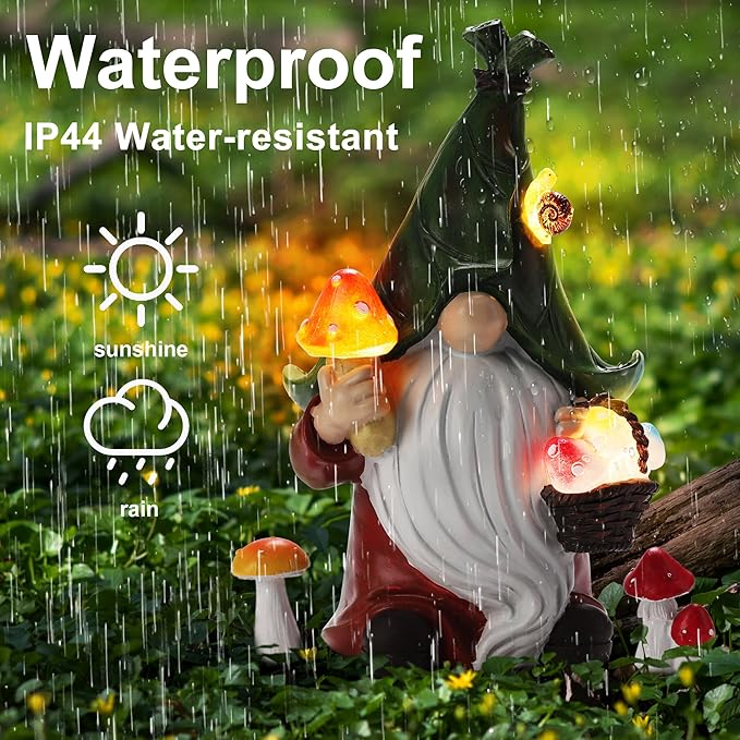 Mushroom-Picking Gnome Solar Garden Statue with 3 LED Lights, Set with 1 Gnome and 2 Small Mushroom, Lovely Garden Gnome Set for Patio, Yard, Lawn Ornament, Outdoor Decor-VerdiqueGarden
