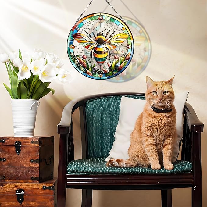 RIVEENY Bumblebee Stained Glass Window Hangings,8''Bee Suncatcher Stained Glass Window Panel Gift for Christmas Anniversary Birthday Mother's Day-VerdiqueGarden