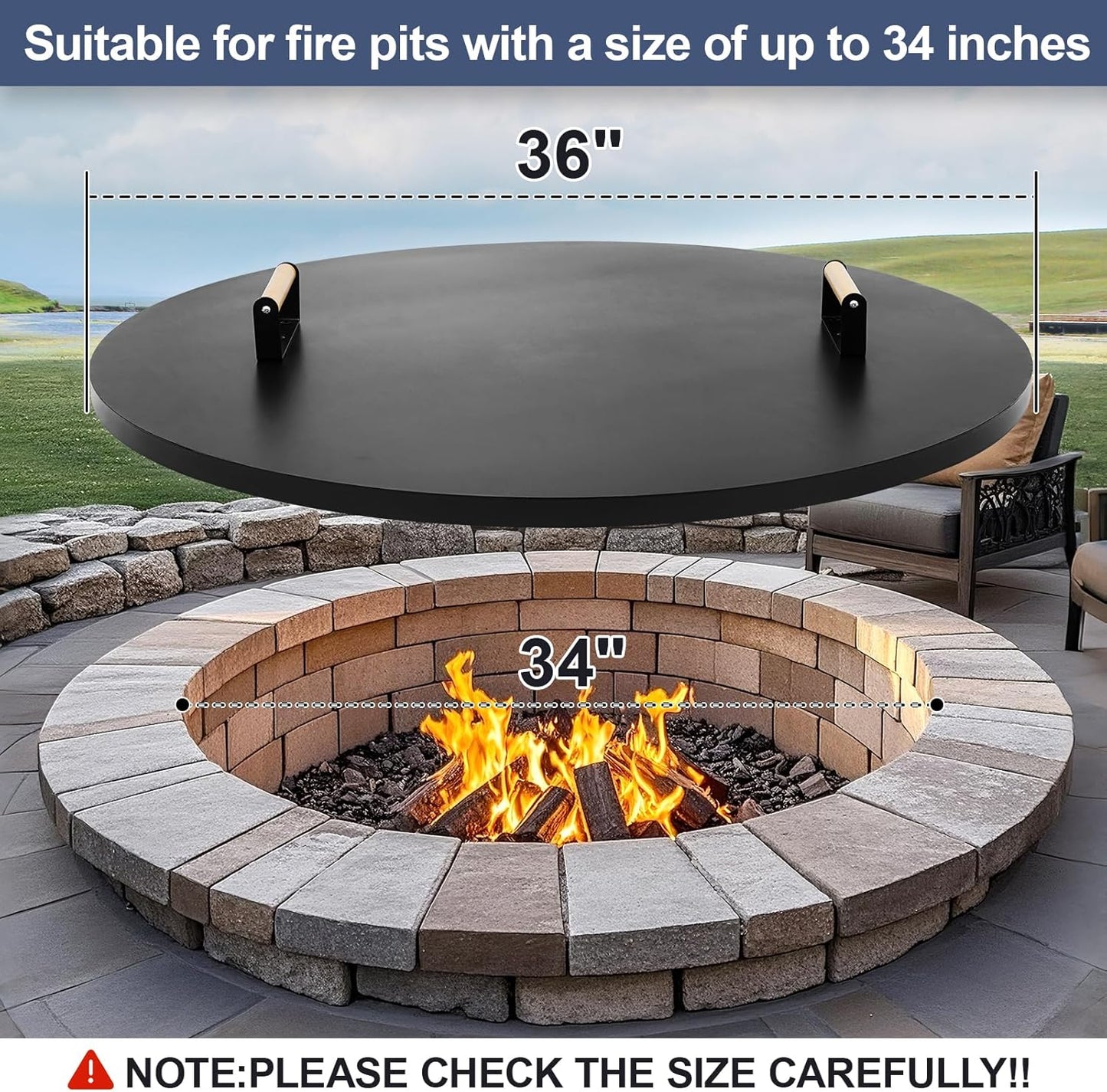 1MORE Fire Pit Lid Round 36" - Metal Firepits Cover with Wooden Handles for Patio Firepits,Rust Resistant 1.5mm Fire Pits Metal Lid, Firepits Accessory, Fire Pits Cover Round, All-season Protective-VerdiqueGarden