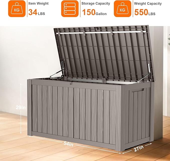 150 Gallon Resin Deck Box, Lockable Patio Outdoor Storage Box for Furniture, Garden Tools and Tools Storage, Waterproof Outside Storage Boxes - Grey-VerdiqueGarden