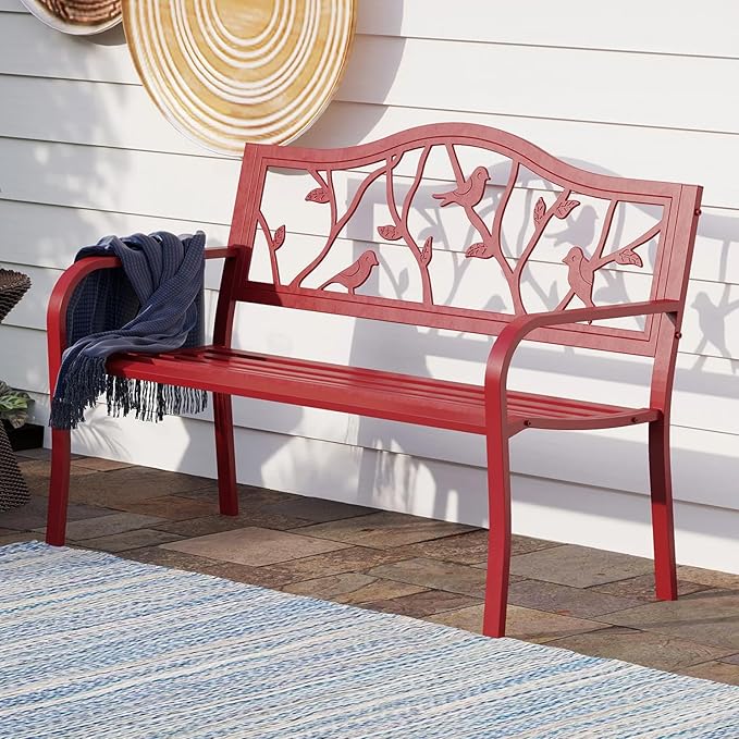 PHI VILLA Outdoor Patio 50" Metal Park Bench Red, Steel Frame Bench with Backrest and Armrests for Porch, Patio, Garden, Lawn, Balcony, Red Bird-VerdiqueGarden