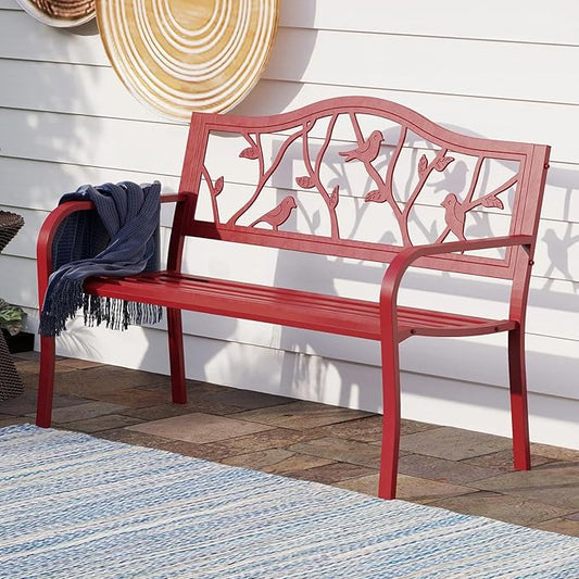 PHI VILLA Outdoor Patio 50" Metal Park Bench Red, Steel Frame Bench with Backrest and Armrests for Porch, Patio, Garden, Lawn, Balcony, Red Bird-VerdiqueGarden