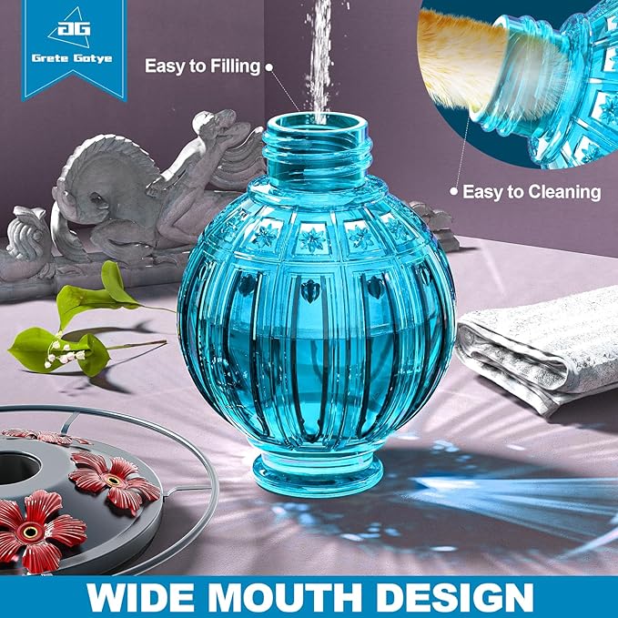 Glass Hummingbird Feeder for Outdoors Hanging, 26Oz Bird Nectar Feeder with Perch & 5 Flower Feeding Ports, Leak Proof for Outside Garden Decor Backyard, Gifts for Women Mom, Blue-VerdiqueGarden