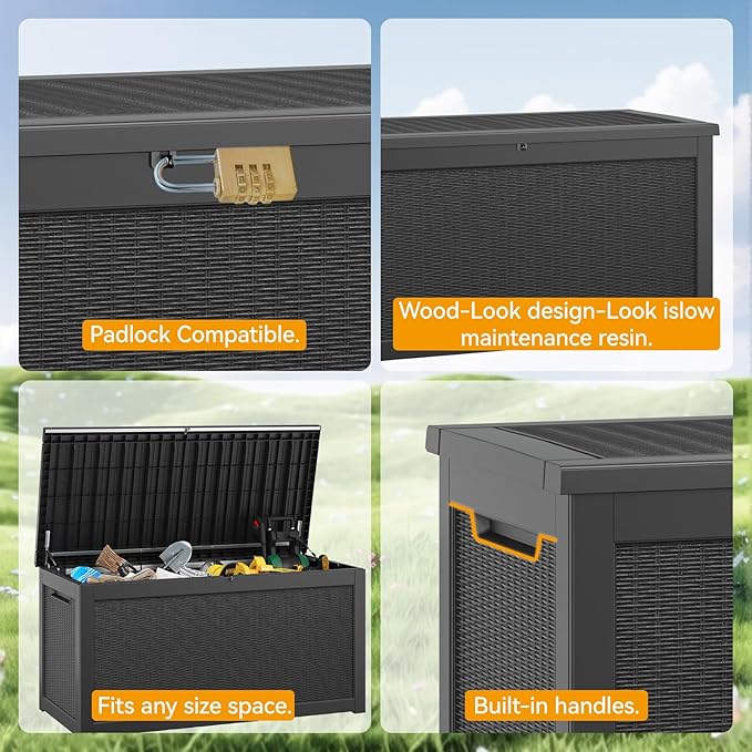 KAMABOKO 260 Gallon Outdoor Storage Box, Resin Deck Boxes Indoor and outdoor, Waterproof Storage Box Lockable Lid for Garden Tools, Package Delivery, Patio Cushions, Black-VerdiqueGarden