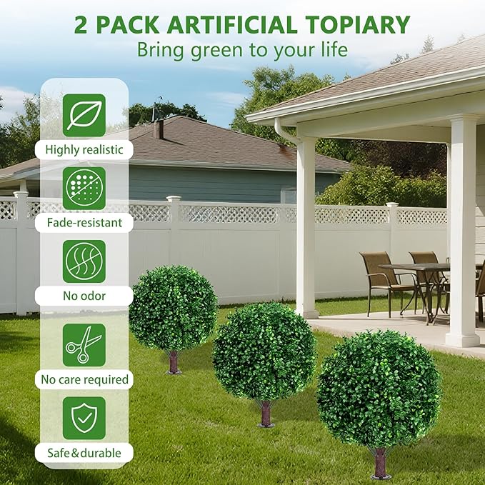 Artificial Boxwood Topiary Ball Tree Set of 2, UV Resistant Artificial Outdoor Shrubs with Spike, Decorative Evergreen Fake Topiary Bushes Plant for Front Porch Garden-VerdiqueGarden