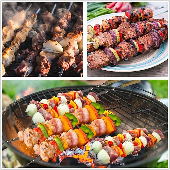 23.6" Large Size Kabob Skewers Flat Metal BBQ Barbecue Skewer Wooden Handle Stainless Steel Shish Kabob Stick Wide Reusable Grilling Set Meat Shrimp Chicken Vegetable Kebab Fork Sausage-12PCS-VerdiqueGarden