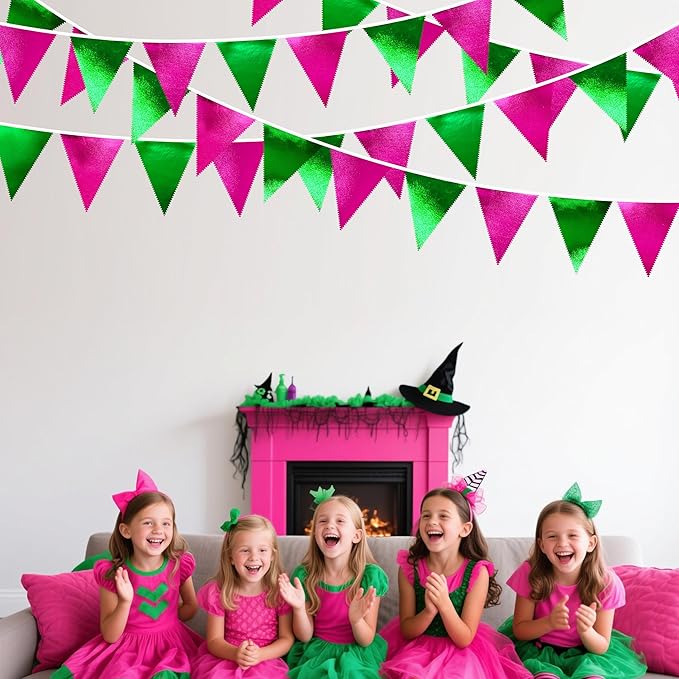 Pink and Green Party Decorations Metallic Hot Pink Light Green Fabric Triangle Pennant Banner Flag Bunting Garland for Witches Theme Birthday Wedding Baby Shower Engagement Bachelorette Party Supplies-VerdiqueGarden