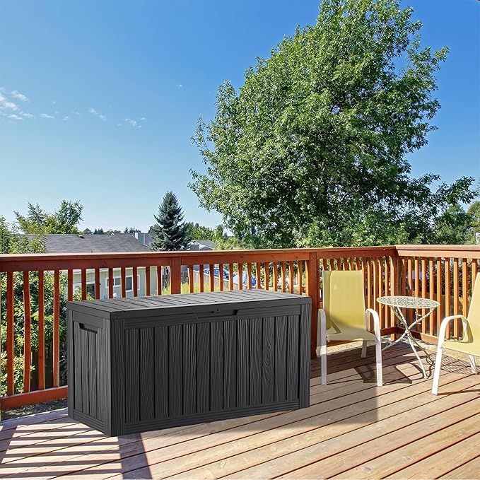 80 Gallon Lockable Resin Deck Box, Waterproof & UV-Resistant Outdoor Storage Box for Outdoor Cushion Storage, Garden Tools & Pool Accessories Storage, Black-VerdiqueGarden