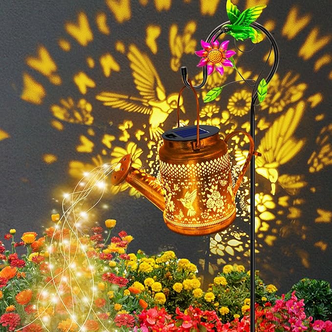 Solar Lanterns Outdoor Waterproof,Hummingbird Watering Can Garden Decor,Hanging Solar Path Lights Yard Art,Outside Patio Decorations Gardening Birthday Gifts for Mom Grandma Women with Shepherd Hook-VerdiqueGarden