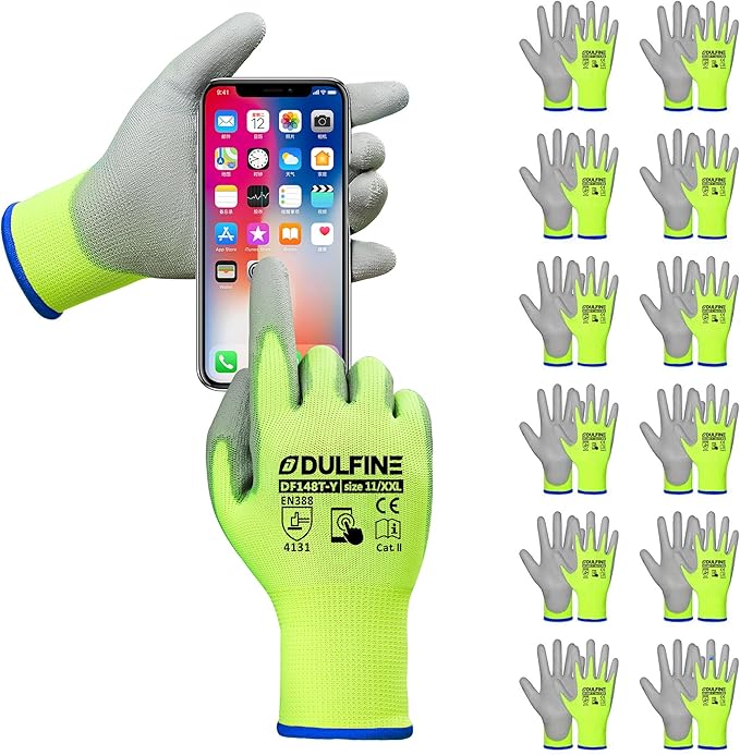 DULFINE Safety Work Gloves PU Coated for Men and Women-12 Pairs,Hi-Vis Seamless Knit Glove with Two Fingers Touchscreen,Ideal for General Duty Work (XX-Large)-VerdiqueGarden