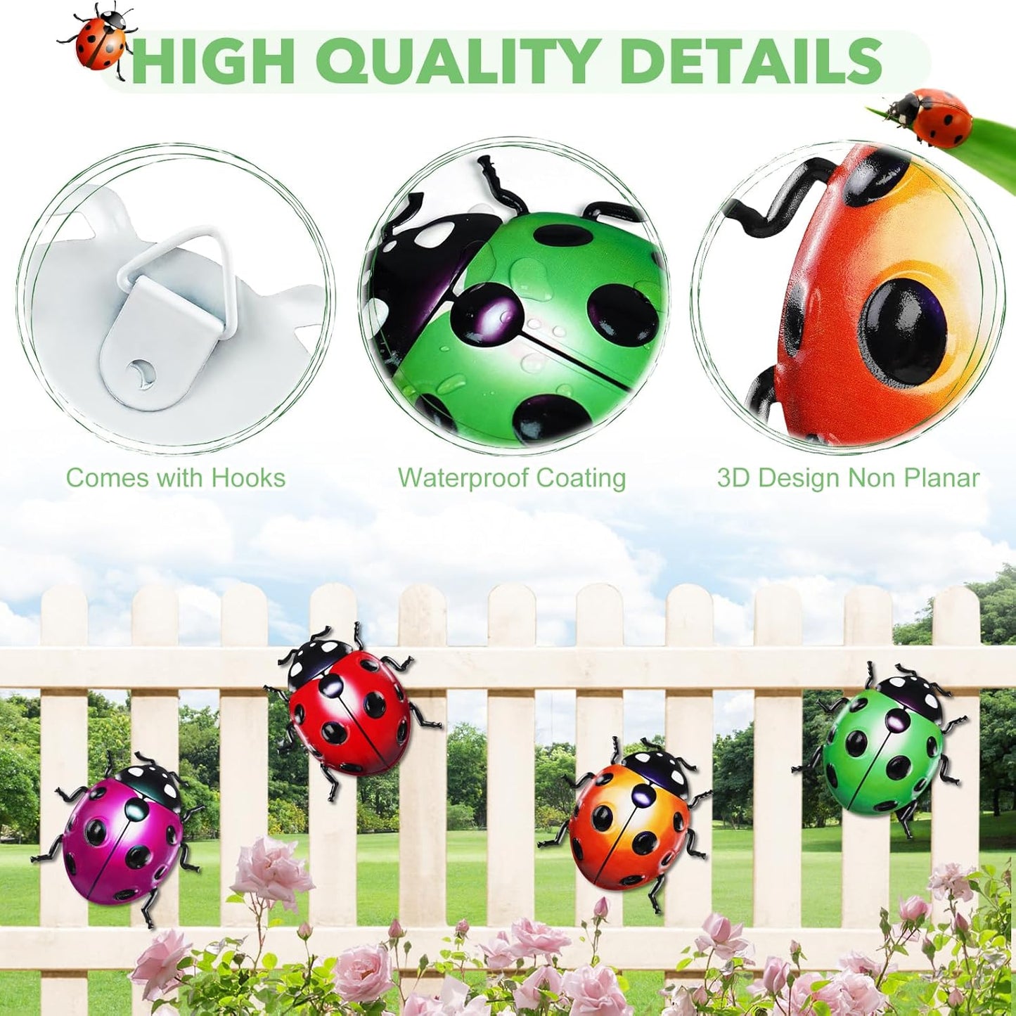 ULENDIS 4 PCS Cute Metal Ladybugs Wall Art Decor, 6.3 Inch Large Outdoor Wall Art Patio Fence Decorations, Colorful Yard Art Lawn Ornaments for Backyard Balcony-VerdiqueGarden