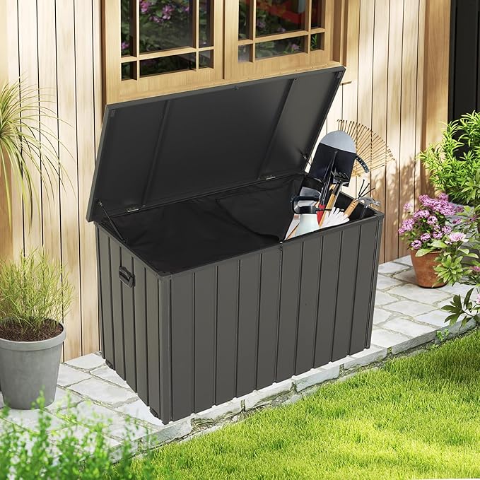 Domi Outdoor Storage Deck Box 120 Gallon, Outdoor Deck Box with Waterproof Storage Bag for Outside Cushions, Garden Tools and Pools Equipment, Gray-VerdiqueGarden