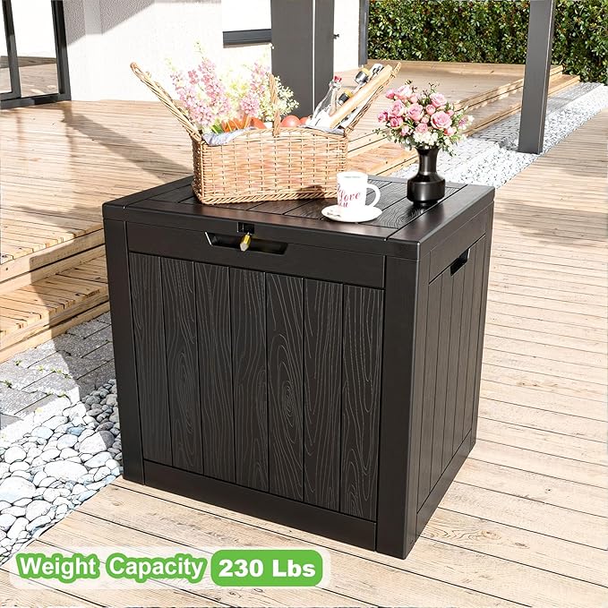 30 Gallon Outdoor Deck Box,Storage Lockable Waterproof Patio Furniture,Garden Tools,Cushions,Pool Accessories Outside Storage Resin Box(Black)-VerdiqueGarden