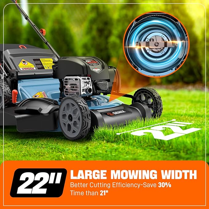 SENIX LSSG-H2 22-Inch Self Propelled Gas Lawn Mower with 163 cc 4-Cycle Engine, 3-in-1 Rear Wheel Drive Variable Speed Lawnmower, 6-Position Height Adjustment-VerdiqueGarden