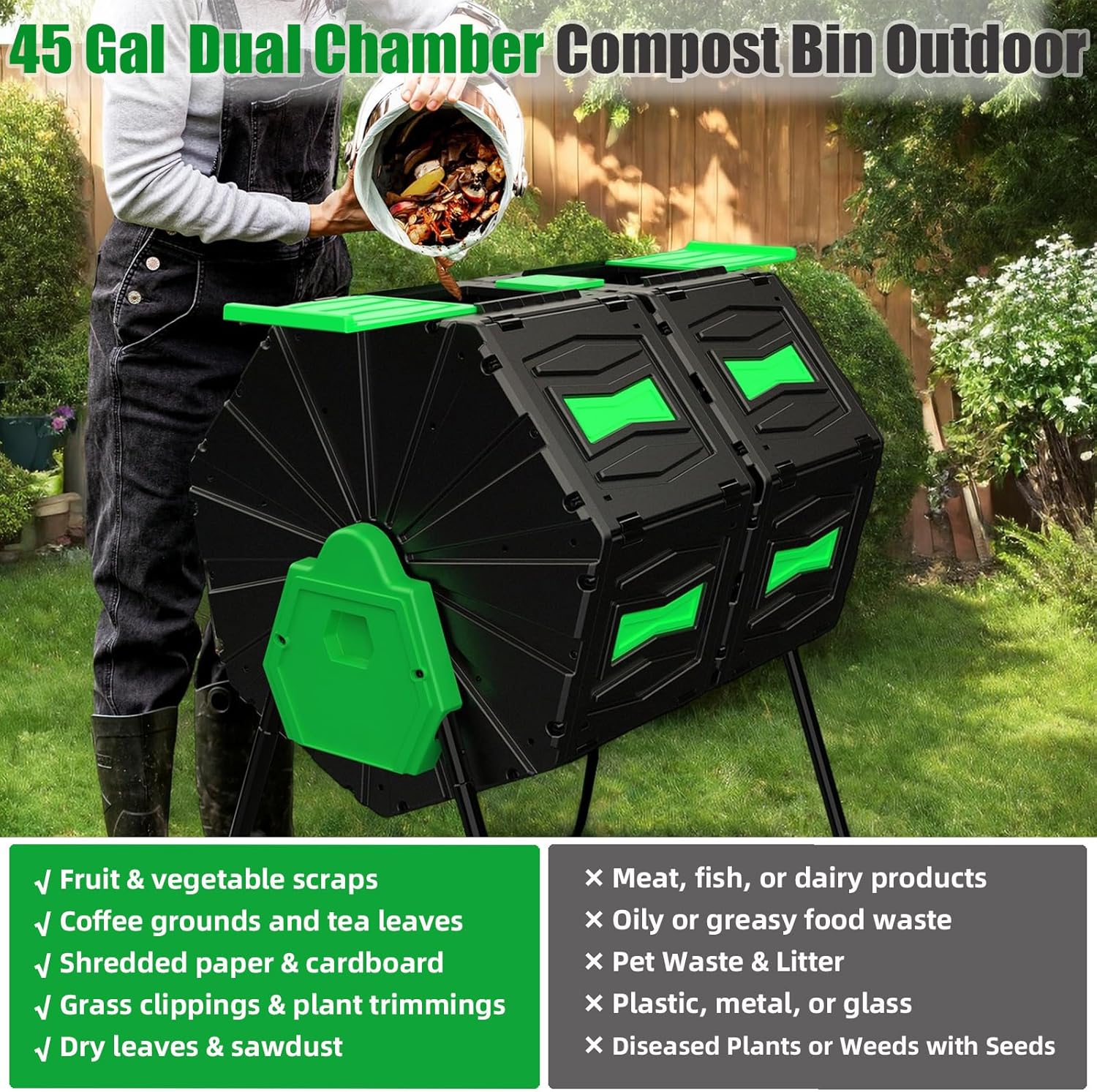 Compost Bin Outdoor, 45Gallon Dual Chamber Composter Large Composting Bin, 360° Rotating Compost Bin, BPA-Free Fast-Working Tumbling Compost Barrel, Kitchen Garden Composter Tumbler (Green)-VerdiqueGarden