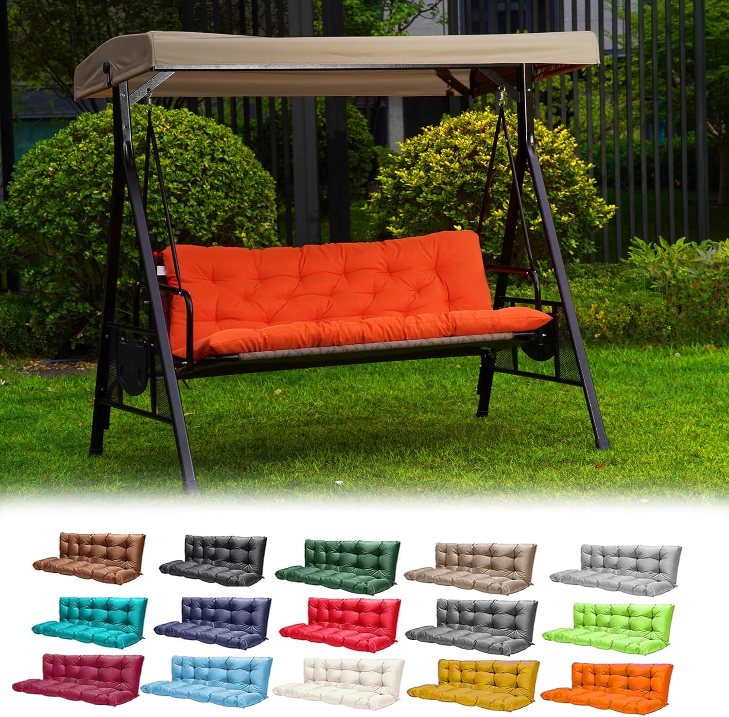 Porch Swing Cushions,Outdoor Cushions 3 Seater Replacement with Backrest, Waterproof Thickened Bench Cushion with Ties for Porch, Patio,Outdoor, Backyard and Garden (Orange 60 * 40 in)-VerdiqueGarden