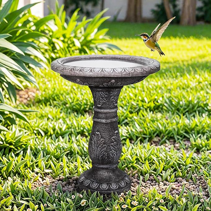SunJet 24.4” H x 20” Dia Outdoor Birdbath with Intricate Floral Carvings Pedestal - Fibre Reinforced Concrete Birdbaths, Vintage Design for Garden Decor & Bird Attraction-VerdiqueGarden