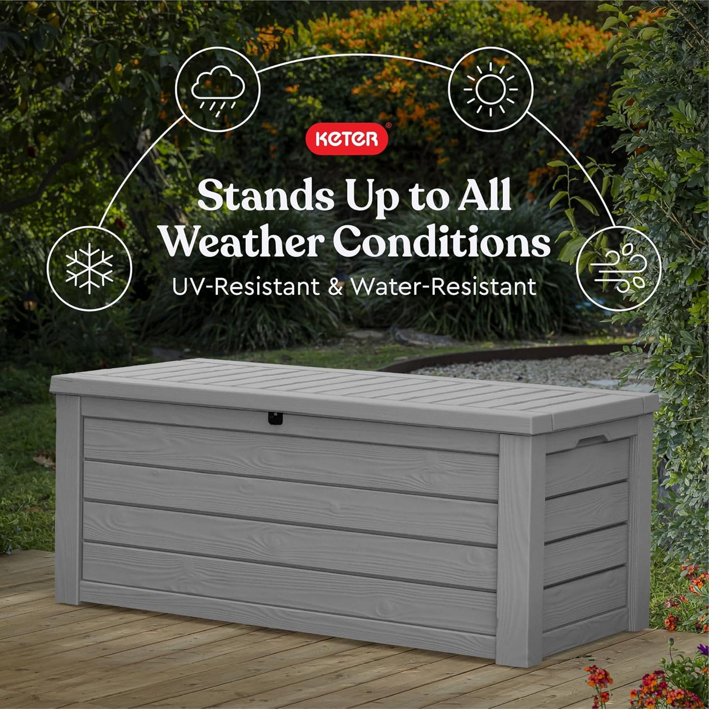 Keter Westwood 150 Gallon Resin Large Outdoor Storage Box for Patio Furniture, Outdoor Cushions, Garden Tools and Pool Floats, Light Grey-VerdiqueGarden