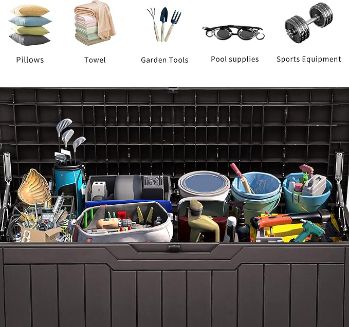 YITAHOME 80 Gallon Outdoor Storage Box, Large Water Resistant Resin Deck Box, Indoor Outdoor Lockable Storage Container for Patio, Garden, Cushions, Tools, Equipment (Dark Brown)-VerdiqueGarden