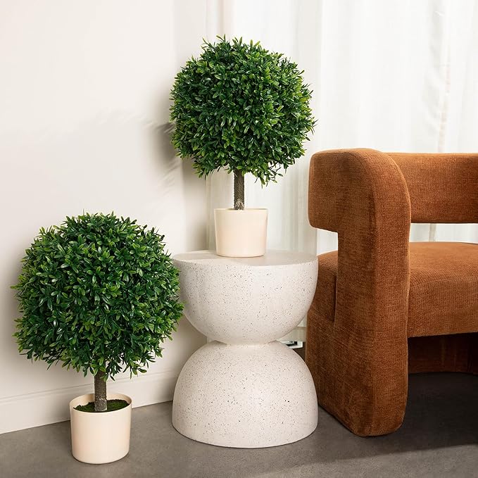 Premium 16" Diameter Artificial Japanese Boxwood Topiary – Set of 2 Faux Plants in Beige Decorative Planters – Realistic, UV-Resistant, Weatherproof Outdoor & Indoor Décor-VerdiqueGarden