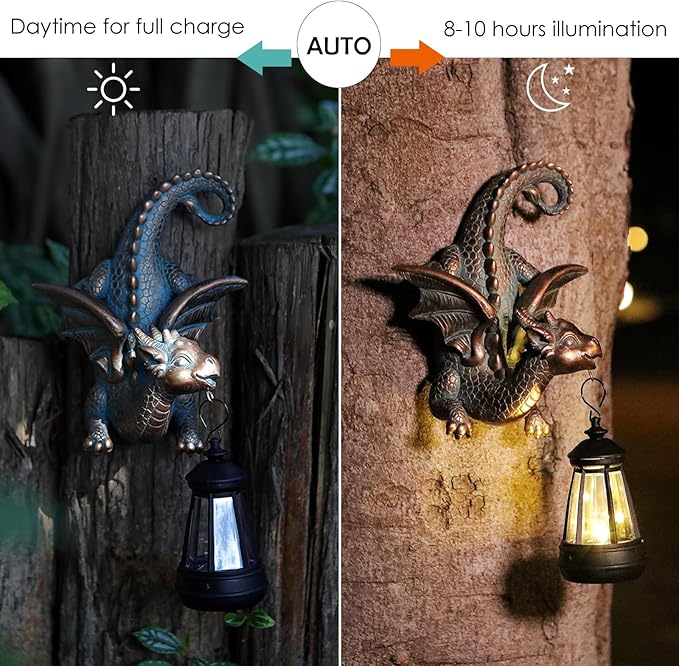 Dragon Solar Garden Statue - Gothic Outdoor Wall Hanging Decor with Solar Light, Fantasy Dragon Figurine for Patio, Yard, or Tree - Unique Whimsical Gift for Adults, Men & Women-VerdiqueGarden