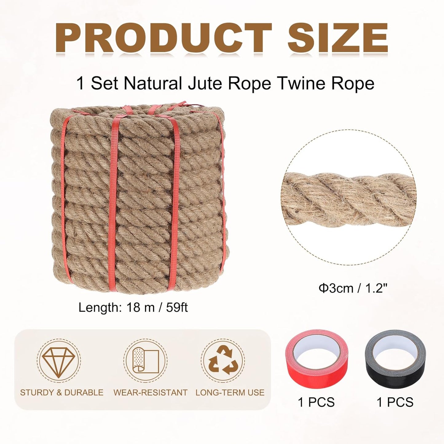 MECCANIXITY Jute Rope 1.2 Inch x 59ft, Thick Twine Rope Ropes Braided Jute Twine Natural Brown Burlap Cord String Heavy Twisted with Tapes for Decorative Crafts Railing Swing Tug of War-VerdiqueGarden