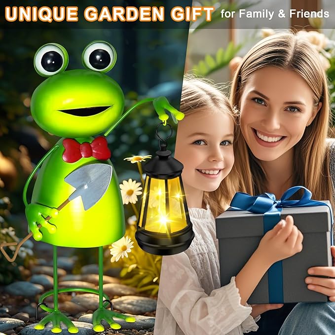 Solar Garden Lights Frog Statue with Solar Lantern lights,13.78in Frog Decoration Fairy Accessories,Birthday Gifts for Women Mom Grandma,Big Metal Decorative Stakes for Home decor,Patio,Porch,Yard Art-VerdiqueGarden