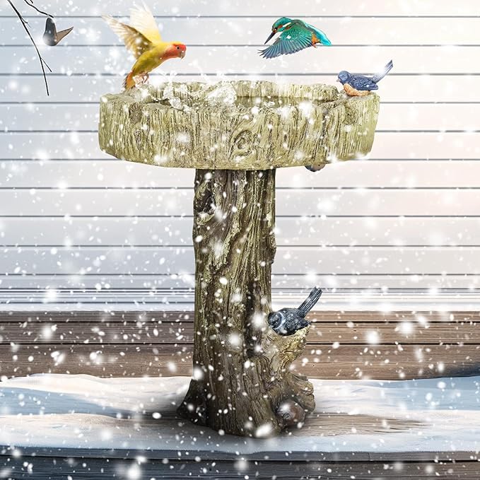 SunJet 24.4 Inch Heigh Wood-Look Concrete Bird Bath with Decorative Faux Bird – birdbath Rustic & Long-Lasting Design, Enhances Garden, Patio, Yard, Lawn Décor-VerdiqueGarden