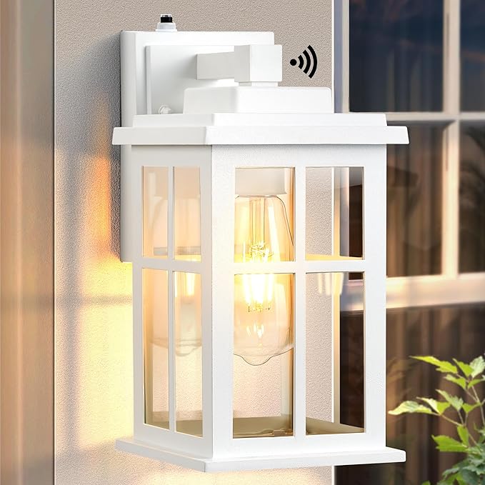 White Outdoor Wall Lights, Dusk to Dawn Exterior Lighting Fixtures, Waterproof Outside Lights for House, Garage, Garden, Entryway, Doorway, Anti-Rust, Modern Style, Tempered Glass-VerdiqueGarden