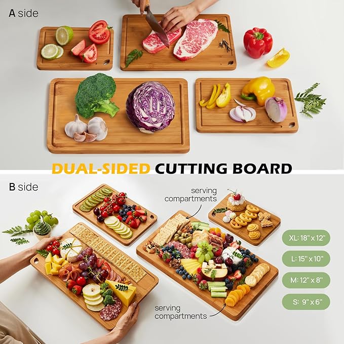 Wood Cutting Board, Carbonized Bamboo Set With Smooth Surface & Easy Storage For Busy Kitchens, Ideal Charcuterie & Chopping, Durable, Knife-Friendly (4Pcs)-VerdiqueGarden