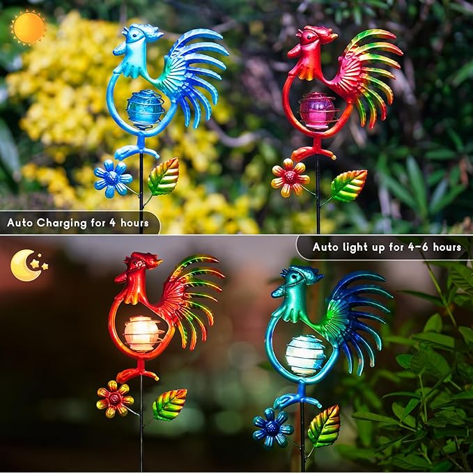 Rooster Solar Garden Lights, 2 Pack Metal Solar Stake Light, 27" H Outdoor Chicken Statues Figurine Lights for Spring Garden Lawn Patio Yard Decoration-VerdiqueGarden