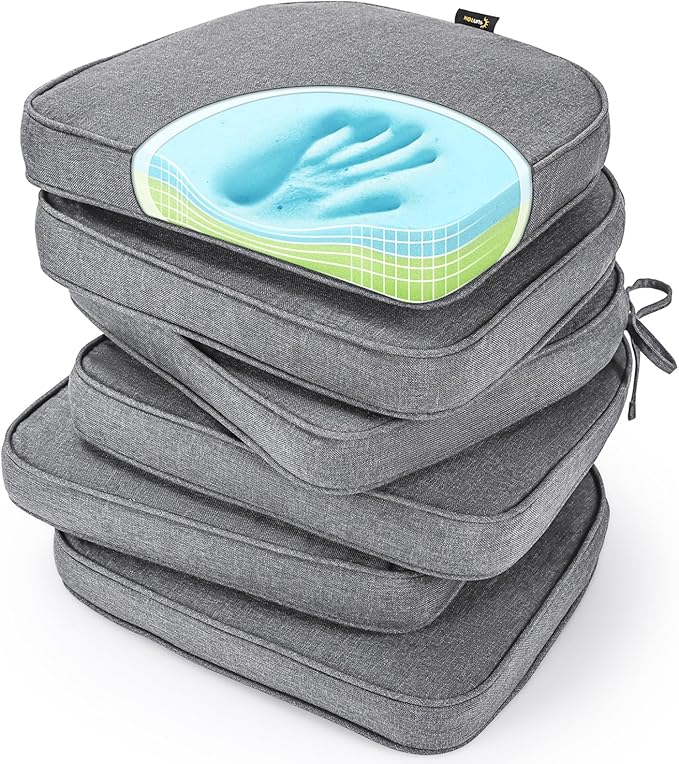 SUNROX Gel Memory Foam Chair Cushions, FadeShield Water-, Stain-Resistant Durable Reversible Seat Cushion Pads with Ties for Indoor/Outdoor Kitchen Dining Office 17"x16" Set of 6, Heather Charcoal-VerdiqueGarden