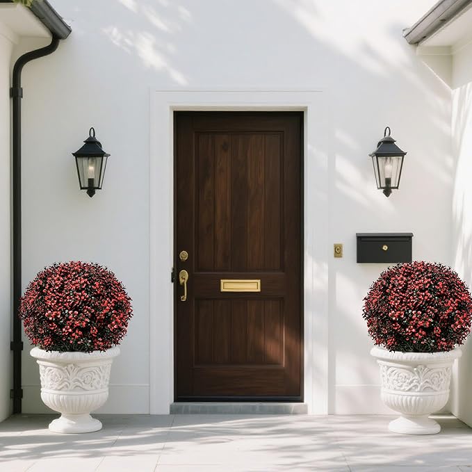 Fall Artificial Topiary Ball Boxwood Tree Outdoor with Spike,Set of 2 Large Faux Shrubs Bushes for Outdoor Planter,UV Resistant Autumn Fake Boxwood Plants for Potted Porch Indoor 24"-VerdiqueGarden