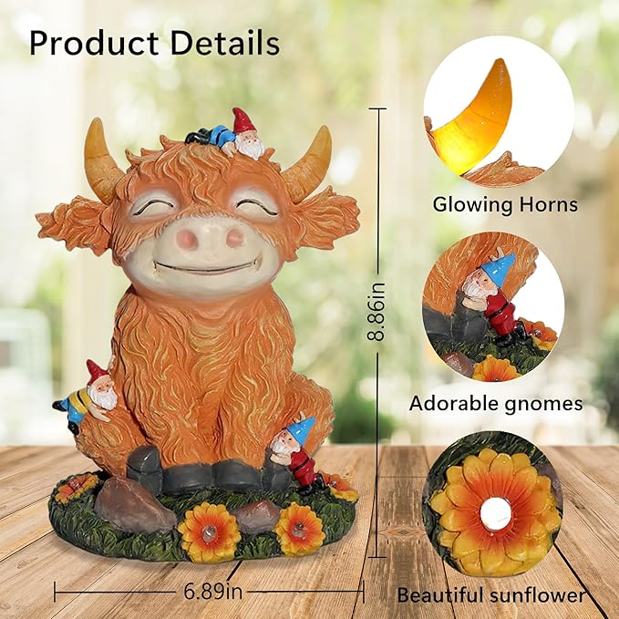 Solar Garden Statue Highland Cow Figurine with Funny Gnomes Garden Outdoor Decor for Yard Patio Lawn Christmas Housewarming Gifts for Women,Mom,Grandma-VerdiqueGarden