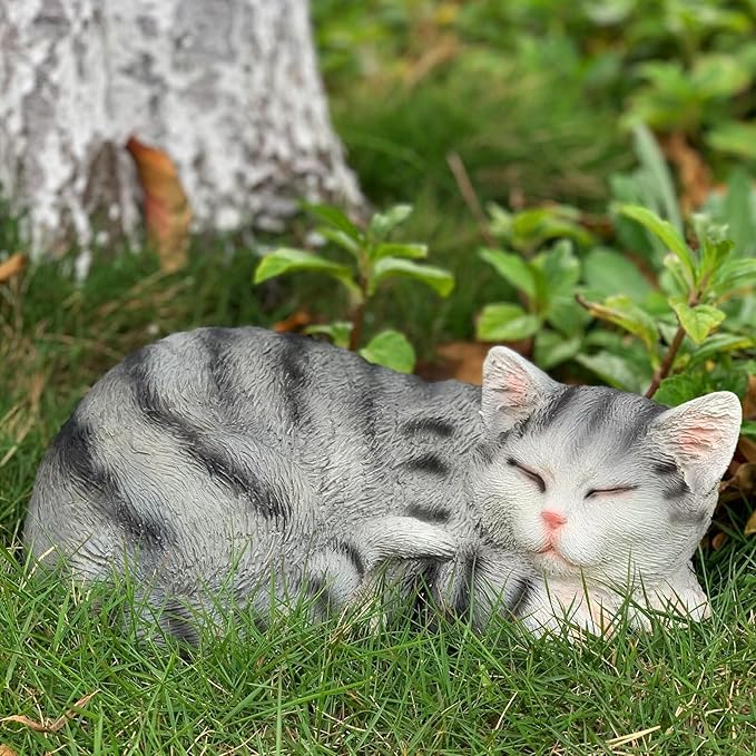 Cat Figurines Outdoor Statue Garden Decor, Cat Statue Garden Statues Outdoor Clearance for Patio, Lawn Decoration, 11.5" Larger Grey Sleeping Cat Statue for Indoor Table Accessory, Cat Gift for Mom-VerdiqueGarden