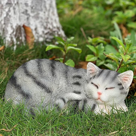 Cat Figurines Outdoor Statue Garden Decor, Cat Statue Garden Statues Outdoor Clearance for Patio, Lawn Decoration, 11.5" Larger Grey Sleeping Cat Statue for Indoor Table Accessory, Cat Gift for Mom-VerdiqueGarden