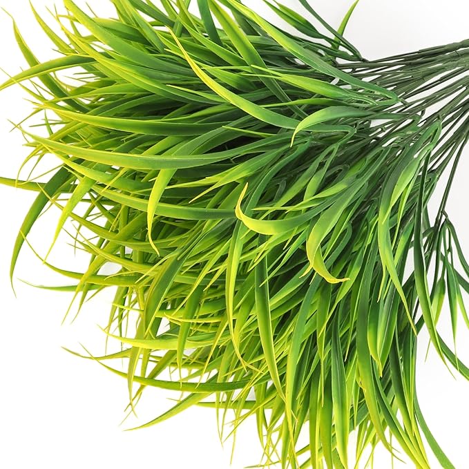 Ouddy Decor 16 Bundles Artificial Plants Outdoor Fake Grass Greenery Stems UV Resistant Faux Plastic Plants Shrubs for Spring Summer Home Garden Pathway Window Box Front Porch Decor, Yellow-VerdiqueGarden