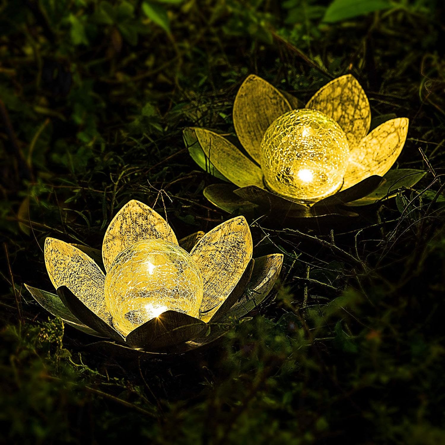 Huaxu Solar Lights Outdoor Garden, Crackle Globe Glass Lotus Decor, Waterproof LED Metal Flower Decorations for Patio,Lawn,Walkway,Tabletop,Ground-VerdiqueGarden