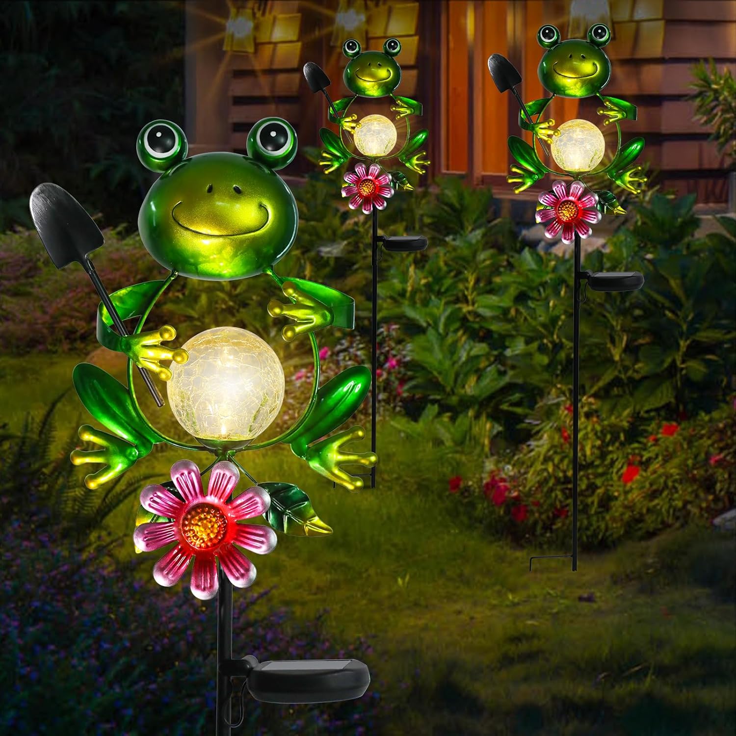 Afirst Solar Lights Outdoor Decorative Metal Frog Crackle Glass Globe Warm White LED Metal Waterproof Garden Stake Lights for Walkway Pathway Lawn Patio Yard Decorations-VerdiqueGarden