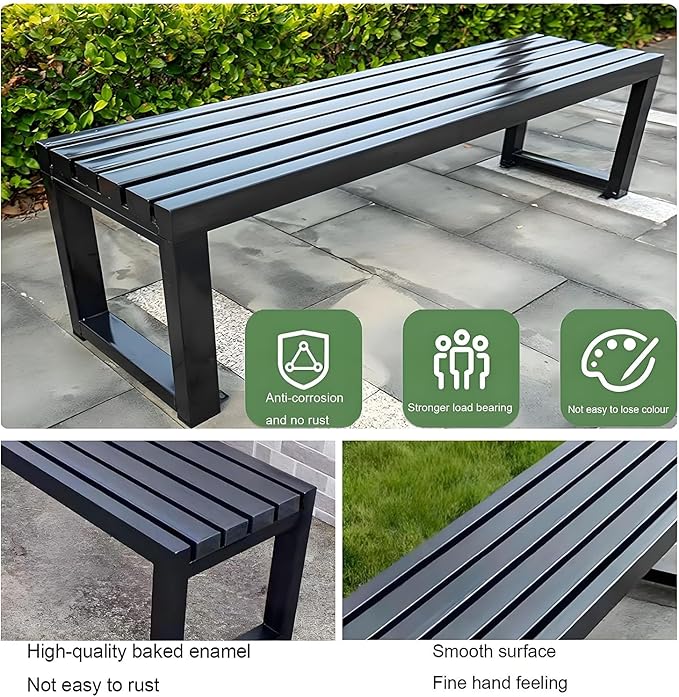 Weatherproof Metal Dining Bench, Outdoor Bench Backless Patio Bench 2-Person Farmhouse Bench Garden Bench for Kitchen, Living Room, Entryway(Black,40in)-VerdiqueGarden