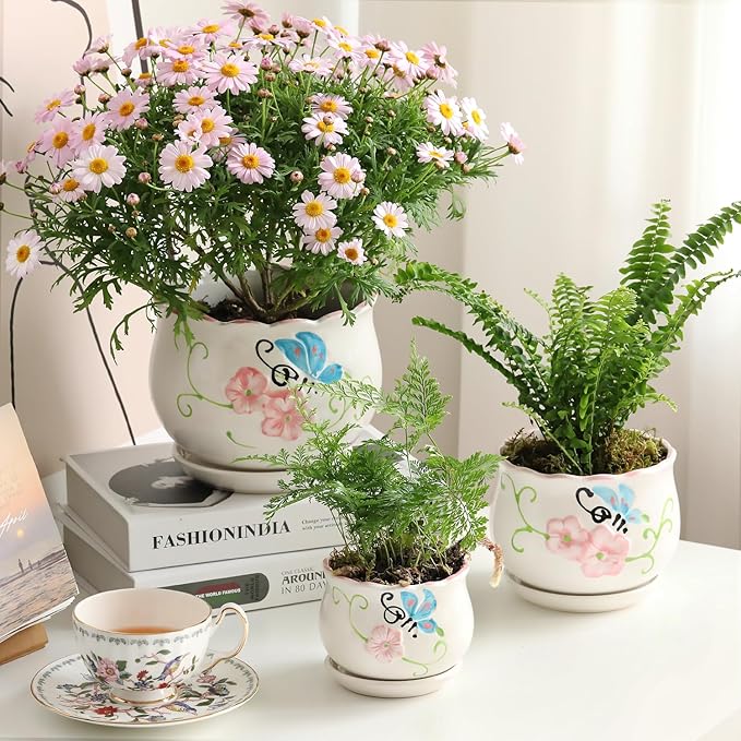 Ceramic Plant Pots with Drainage Holes and Saucers, Round Flower Pots for Indoor Plant, 3.9/5.2/6.7 Inches Flower Large Planters Set of 3-VerdiqueGarden