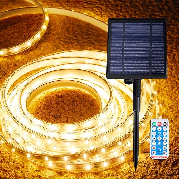 LUHLEE Solar LED Strip Lights Outdoor,Brighter 600 LED 32.8FT Solar String Lights Outdoor with Remote,8 Lighting Modes Auto ON/Off Rope Lights for Outside,Deck,Steps,Christmas Decor Lighting-VerdiqueGarden