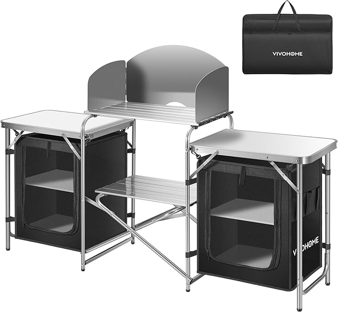 VIVOHOME Folding Camping Kitchen Station Table with Storage Organizer, 2 Side Tables, Stainless Steel Windscreen, Outdoor Portable Cook Station for BBQ, Picnics-VerdiqueGarden