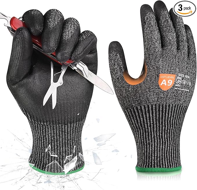 Donfri 3 Pairs A9 Cut Resistant Work Gloves for Men - Steel + HPPE Hybrid Safety Gloves for Men, ANSI Cut Level 9 Protection Flexible for Metal Glass Wood Construction Fishing-VerdiqueGarden