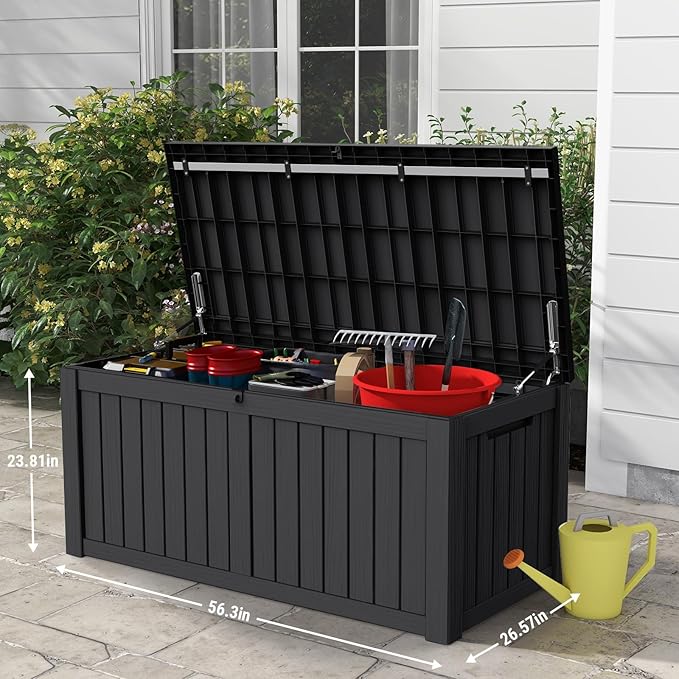 Mars Villa 119 Gallon Outdoor Storage Box Waterproof, Large Resin Deck Box for Pool Supplies Storage, Outdoor Patio Furniture Cushions, with Hydraulic Hinge, UV-Resistant and Weatherproof, Black-VerdiqueGarden