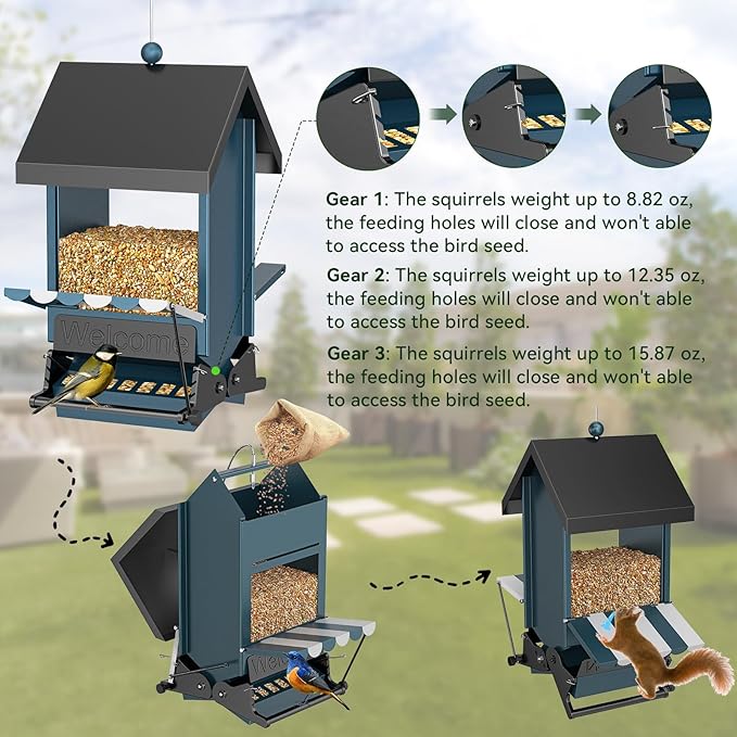Weight Activated Squirrel Proof Bird Feeder with Canopy | 5LB Large Capacity, Weather-Resistant Design | Attracts Finches, Cardinals & More for Outdoor Bird Watching-VerdiqueGarden