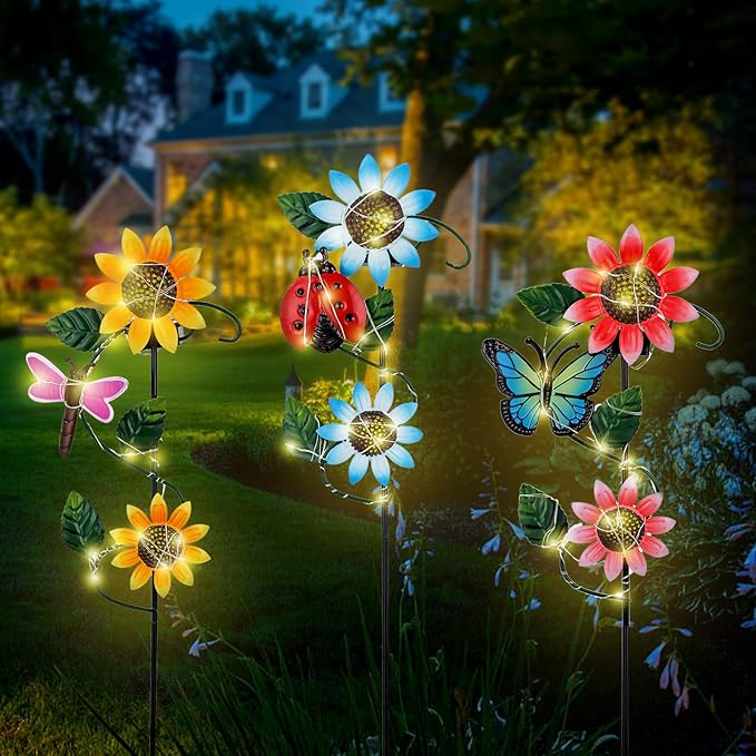 3 Pack Solar Garden Light, Sunflower & Insect Metal Solar Stake Lights, Outdoor Statues Figurine Lights for Spring Garden Lawn Patio Yard Decor-VerdiqueGarden