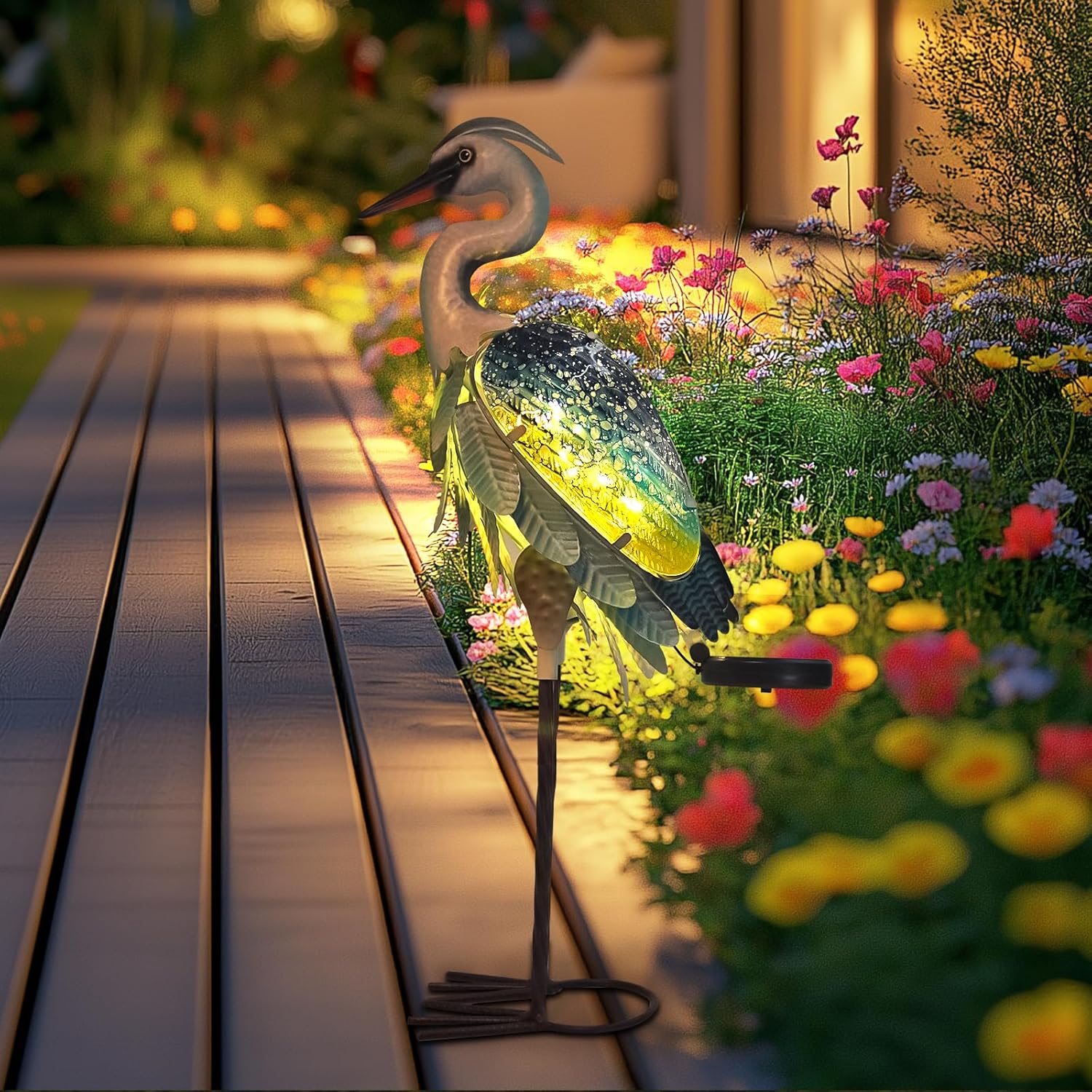 HONGLAND Solar Heron Metal Crane Statue Garden Heron Sculpture, Glass Outdoor Crane Yard Art Coastal Ocean Bird Decor 24 Inch Lawn Ornament for Backyard Porch Patio Decor（Green）-VerdiqueGarden