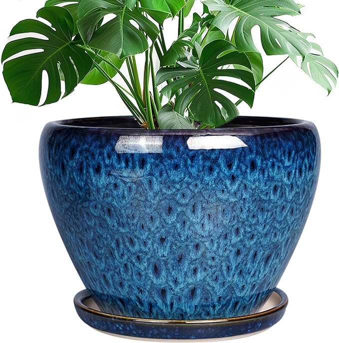 10 Inch Ceramic Planter Pot, Ceramic Plant Pot for Indoor Outdoor Plants, Large Flower Pot with Drainage Hole and Saucer, Blue-VerdiqueGarden